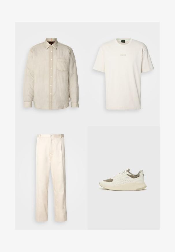 Šviesiai smėlinė ilgomis rankovėmis marškiniai su mygtukų uždarymu priekyje, viena krūtinės kišenė ir minkšta, šiek tiek tekstūruota medžiaga. Kontrastingo spalvos apykaklės detalės.; BOSS TEE - Paprasti marškinėliai - open white; Bežinės medvilninės kelnės su tiesiu kirpimu, turinčios mygtuko uždarymą ir priekyje raukšles papildomai dekoratyviam akcentui.; Baltas ir šviesiai bežinis sportinis kedas, su tinklo viršumi, perforuotais detalėmis ir tekstūruotu tarpine su logotipu ant kulno.