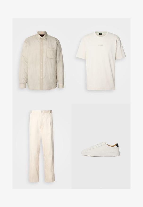 Cămășă bej deschis cu mânecă lungă, cu închidere cu nasturi în față, un singur buzunar pe piept și un material moale, ușor texturat. Detalii de contrast la guler.; BOSS TEE - Tricou basic - open white; Pantaloni din bumbac bej, cu croială dreaptă, dotati cu închidere cu nasture și pliuri în față pentru un plus de detaliu.; Sneaker alb cu un superior din piele netedă, vârf rotund și talpă plată. Accente negre la călcâi, cu șireturi tonale și un branding minim.