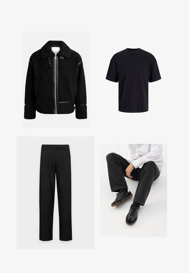 Zwarte fleecejack met een ritsluiting, brede kraag en leren accenten bij de taille en mouwen. Heeft een gestructureerde afwerking.; Zwarte katoenen t-shirt met een ronde halslijn, korte mouwen en een relaxte pasvorm. Glad textuur en geen zichtbare patronen of accenten.; Zwarte broeken van gladde stof, met een recht model, twee voorknikken en een standaard tailleband met riemlussen.; Zwarte sneakers met een glad en textuur detail, voorzien van een rubberen zool en donkere veters. Gecombineerd met zwarte jeans en een wit gestreept shirt.