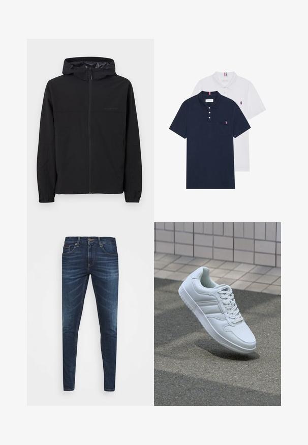 Črna vetrovka s kapuco, s sprednjim zadrgo, elastičnimi manšetami in logotipom. Narejena iz lahkega, gladkega materiala.; Dve polo majice: ena mornarsko modra in ena bela, obe z majhnim rdečim, belim in modrim poudarjanjem na žepu in ovratniku.; Temno modri kavbojke ozkega kroja, s subtilnim bledenjem, petimi žepi in kovinskim zapiranjem na gumb. Oštrikanje z akcenti v kontrastni barvi.; Bela atletska teniska obutev z gladkim usnjenim zgornjim delom, vezanjem spredaj, perforiranim prstom in vzorčastim podplatom. Minimalistična zasnova s tremi stranskimi črtami.