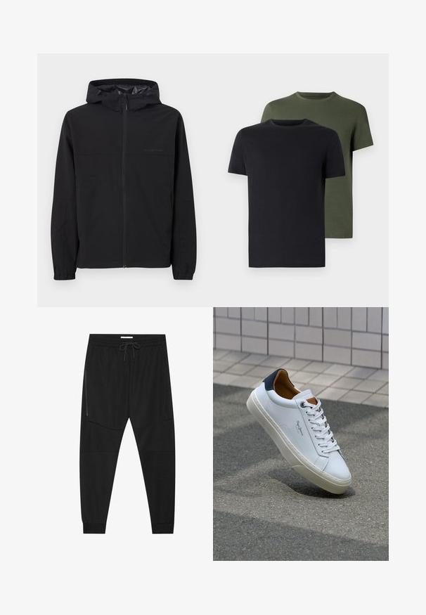 Black windbreaker jacket with a hood, featuring a front zipper, elastic cuffs, and logo detail. Made of lightweight, smooth fabric.; Two crew-neck t-shirts in black and olive green, made of soft cotton fabric. The design is simple with short sleeves and a straight cut.; Black athletic pants made of textured fabric, featuring an adjustable waistband, zippered side pocket, and tapered cuffs.; White leather sneaker with a navy heel, round toe, and contrasting brown accents. Features flat laces and textured rubber sole.