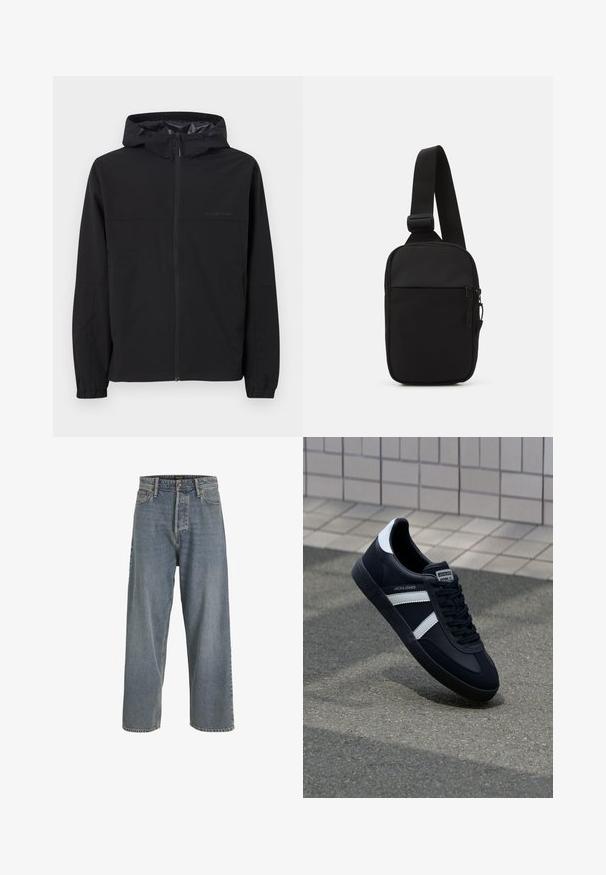 Schwarze Windjacke mit Kapuze, ausgestattet mit einem Frontreißverschluss, elastischen Bündchen und Logodetail. Hergestellt aus leichtem, glattem Stoff.; Weißes Baumwoll-T-Shirt mit kurzen Ärmeln, Rundhalsausschnitt und einem roten grafischen Text "LECKERER ERFRISCHENDER FRUCHT" auf der Vorderseite.; Hellblaue, weit geschnittene Jeans aus Denim mit hoher Taille, Fünf-Taschen-Design und sichtbaren Nähten. Weiche Textur mit leicht gefärbtem Erscheinungsbild.; Schwarze Leder-Sneaker mit weißen Streifen, strukturiertem Gummisohle und Schnürung. Verfügt über ein Markenetikett auf der Zunge.; Schwarze Umhängetasche aus robustem Gewebe, mit einem verstellbaren Tragegurt, einem Reißverschluss-Hauptfach und einer Fronttasche.