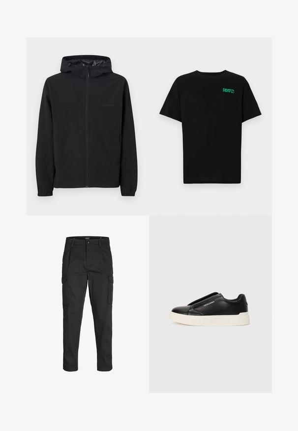 Czarna kurtka przeciwwiatrowa z kapturem, z zamkiem z przodu, elastycznymi mankietami i detalem z logo. Wykonana z lekkiej, gładkiej tkaniny.; Czarna koszulka z bawełny z krótkim rękawem. Posiada zielone logo "ROOTS" z przodu, okrągły dekolt i standardowy krój.; Czarne spodnie cargo wykonane z wytrzymałego materiału, z wieloma kieszeniami, zapięciem na guzik oraz zwężanym krojem nogawek.; Czarne trampki wsuwane z teksturowanej skóry, biała gumowa podeszwa i brak widocznych sznurówek. Posiadają logo marki z boku.