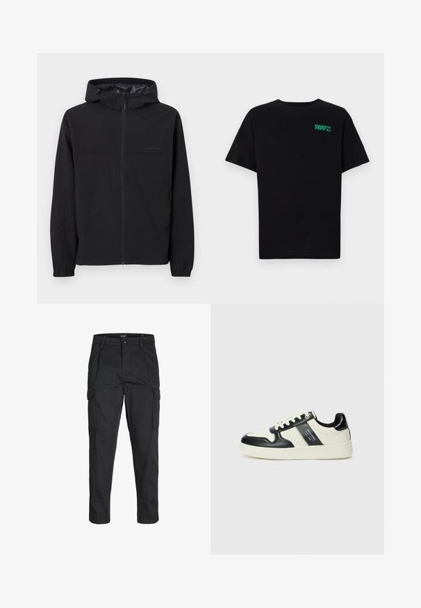 Schwarze Windjacke mit Kapuze, ausgestattet mit einem Frontreißverschluss, elastischen Bündchen und Logodetail. Hergestellt aus leichtem, glattem Stoff.; Schwarzes T-Shirt aus Baumwolle mit kurzen Ärmeln. Auf der Vorderseite befindet sich ein grünes "ROOTS"-Logo, es hat einen runden Halsauschnitt und eine normale Passform.; Schwarze Cargo-Hose aus robustem Material, mit mehreren Taschen, einem Knopfverschluss und einem Slim-Fit-Design mit schmal zulaufenden Beinen.; Leder-Sneaker in Schwarz- und Cremetönen, mit perforierten Akzenten, einem gepolsterten Kragen und einer strukturierten Laufsohle.