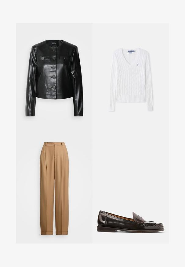 Zwarte leren cropped jas met een ronde halslijn, vijf knopen aan de voorkant en twee kleine klepzakken. Gladde textuur met een glanzende afwerking.; Witte kabelgebreide trui met een V-hals, geribbelde mouwen en onderzoom, en een klein marineblauw logo op de linkerkant van de borst. Gemaakt van een zachte stof.; Lichtblauwe overhemd met lange mouwen en een witte contrasterende kraag. Heeft een gladde textuur en vijf knopen aan de voorkant.; Beige op maat gemaakte broek met een hoge taille, plooien aan de voorkant, taps toelopende benen en opgerolde mouwen. Gladde stof met een verfijnde textuur.; Polo Ralph Lauren ASHTYN FRINGE TRIM CALFSKIN LOAFER - Instappers - ebano/tobacco