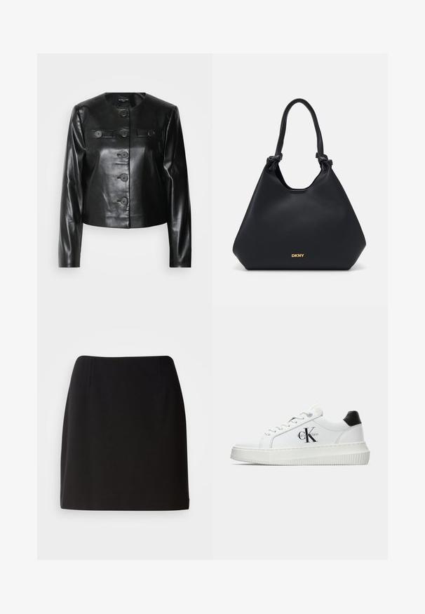 Chaqueta de cuero negra corta con cuello redondo, cinco botones frontales y dos pequeños bolsillos con solapa. Textura suave con un acabado brillante.; Top negro de satén con cuello halter, con tela recogida en el escote y un diseño suave y fluido. Dobladillo recto sin patrones o acentos visibles.; Falda negra con una silueta ajustada, hecha de una tela suave. Presenta sutiles pliegues frontales y un diseño de longitud a mitad del muslo.; Zapatilla baja blanca con talón negro, suela de plataforma, cordones y logotipo "CK" de Calvin Klein en el lado.; Bolso tote de cuero negro con acabado texturizado, acentos de asa anudada y detalle del logo en dorado en la base. Presenta una silueta relajada.