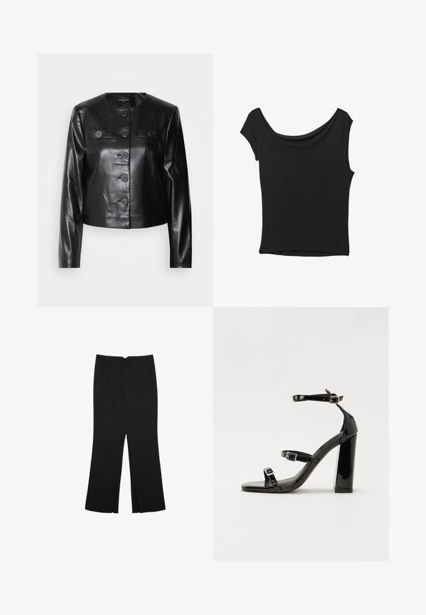 Sort læder cropped jakke med rund halsudskæring, fem knapper foran og to små klaplommer. Glat tekstur med en blank finish.; Sort kortærmet top lavet af glat stof; har en draperet halsudskæring og en asymmetrisk kant, med en tætsiddende pasform.; Sorte bukser med lige pasform, der har frontlommer og slidser i kanten. Lavet af blødt, glat stof. Velegnet til forskellige anledninger.; Sorte patenterede hælsandaler med firkantet tå, ankelremme og sølvspænder. Har en chunky blokHæl for stabilitet.