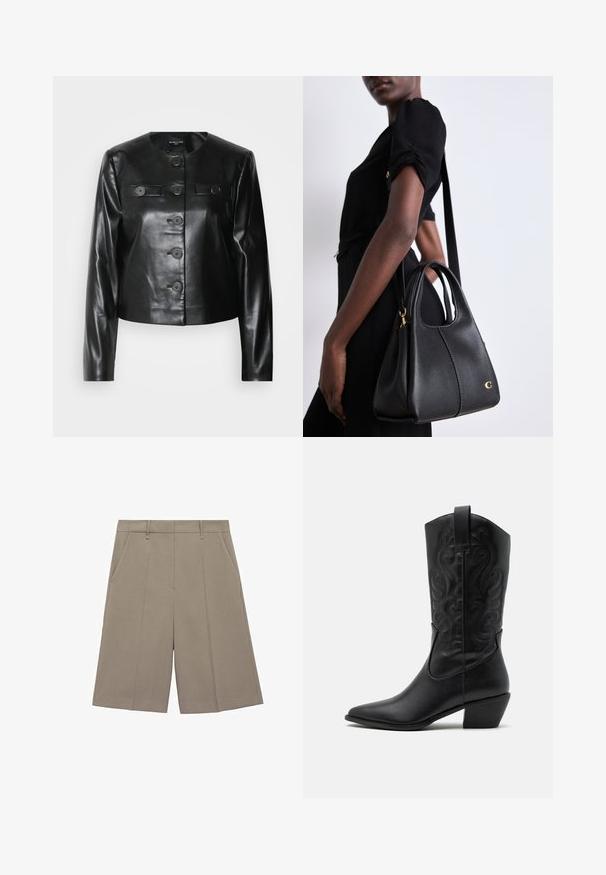 Čierna kožená skrátená bunda s okrúhlym výstrihom, piatimi prednými gombíkmi a dvoma malými vreckami s klopou. Hladká textura s lesklým povrchom.; Asymetrický béžový top z hladkej látky, s halter výstrihom, drapovaným predným dielom a uzatváraním na gombík na chrbte, s detailom na viazanie na dolnom okraji.; Béžové plisované šortky s rovnym strihom, so závesnými pútkami a bočnými vreckami. Vyrobené z hladkého, ľahkého materiálu.; Čierna kožená kovbojská čižma s špicatou špičkou, embosovanými vírivými vzormi a stredne vysokým opätkom. Obsahuje pútko pre jednoduché obúvanie.; Čierna kožená kabelka v tvare hobo, s hladkým povrchom, zaobleným vrchom a zlatými kovovými doplnkami.