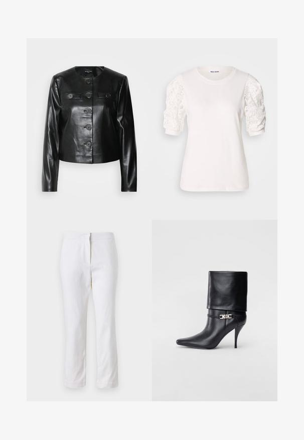 Must have nahkast lühike jakk ümmarguse kaelusega, viie esi-nupuga ja kahe väikese klapiga taskuga. Sile tekstuur läikiva viimistlusega.; Valge lühikeste puffse varrukatega t-särk, mis on valmistatud pitsist. Ümar kaelus, pehme tekstuur ja kergelt laiem lõige. Brändi silt nähtav seest.; Valged puuvillased püksid sirge lõikega, keskmise kõrgusega vöökoht ja ilma nähtavate detailide või mustriteta. Ühtlane sile tekstuur.; Mustad nahast pahkluu saapad terava nina, kõrge stilettokanna, volditud äärega ja kuldse dekoratiivse pandlaga pahkluul.