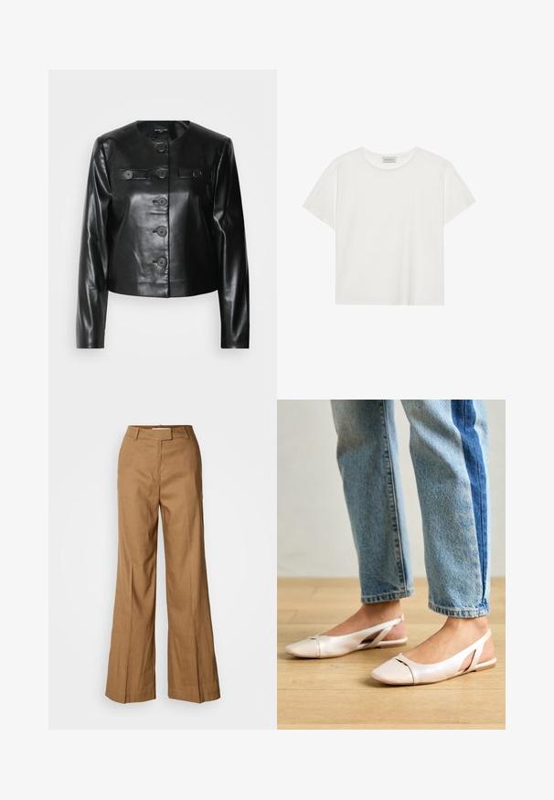 Black leather cropped jacket with a round neckline, five front buttons, and two small flap pockets. Smooth texture with a glossy finish.; White short-sleeve T-shirt made of soft cotton. Features a round neckline and relaxed fit. Clean design with no visible patterns or accents.; Brown wide-leg pants made of lightweight fabric. Features a flat front, belt loops, and a tailored silhouette with an ankle-length cut.; Pale pink slingback flats with a pointed toe, made from a smooth leather-like material. Features cut-out details at the sides and a flat heel.