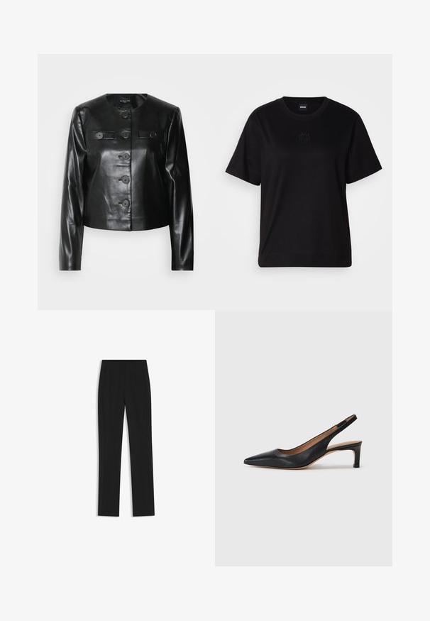 Mustavihreä lyhyt nahkatakki pyöreällä kaula-aukolle, jossa on viisi etunappia ja kaksi pientä läppätaskua. Sileä pinta ja kiiltävä viimeistely.; Musta puuvillapaita, jossa on pyöreä kaula-aukko, lyhyet hihat ja brodeerattu logo rinnassa. Yksinkertainen, rento istuvuus ilman kuvioita.; Mustat räätälöidyt housut suoran lahkeen designilla, joissa on etutaskut ja sileä, teksturoitu kangas. Siistit, minimalistiset yksityiskohdat.; Mustat nahkaiset slingback-korkokengät, joissa on terävä kärki, matala korko ja sileä pinta. Varustettu ohuella säädettävällä hihnalla turvallisen istuvuuden takaamiseksi.