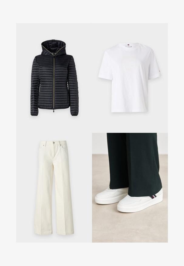 Schwarze gepolsterte Jacke mit Reißverschluss und Kapuze. Mit einem gesteppten Design, elastischen Bündchen und einem glatten Innenfutter ausgestattet. Goldene Akzente am Reißverschluss.; Weißes Baumwoll-T-Shirt mit Rundhalsausschnitt, kurzen Ärmeln und dezentem gelben Logodesign mit der Aufschrift "HILFIGER NEW YORK 1985." Standardpassform.; Weite weiße Jeans aus einem Baumwollmischgewebe. Verfügt über einen Reißverschluss, ein Fünf-Taschen-Design und Nähte entlang der Säume.; Weiße Sneakers mit einer strukturierten Oberfläche, niedrigem Profil, abgerundeter Spitze und einem gestreiften Akzent an der Seite. Kombiniert mit dunklen Hosen.