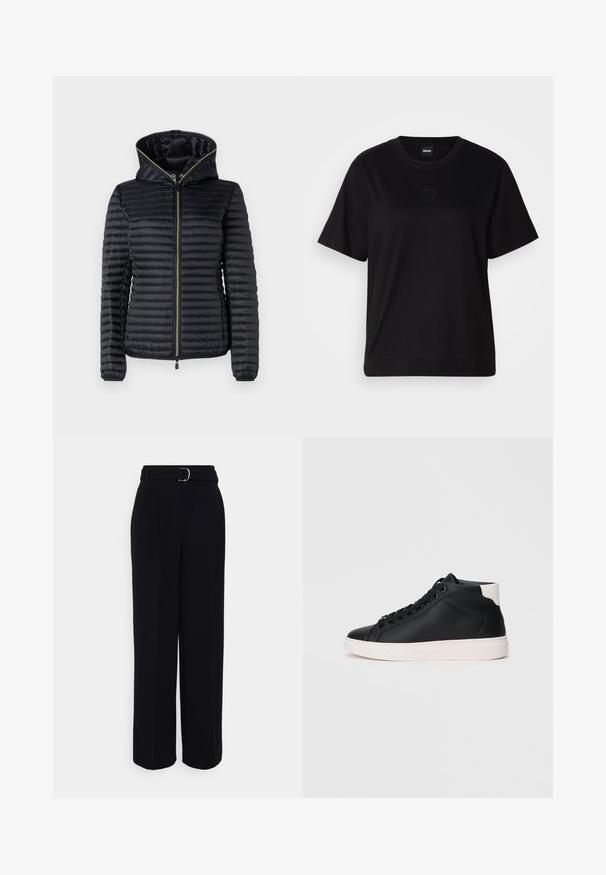 Zwarte gevoerde jas met een ritssluiting aan de voorkant en een capuchon. Beschikt over een doorstikt ontwerp, elastische manchetten en een soepele binnenvoering. Gouden accenten op de rits.; Zwarte katoenen t-shirt met een ronde hals, korte mouwen en een geborduurd logo op de borst. Eenvoudige, comfortabele pasvorm zonder patronen.; Zwarte op maat gemaakte broek met een wijde pijpen-silhouet, voorzien van een riem met een zilveren gesp, plooien en een gladde stofstructuur.; Zwarte hoge sneaker van soepel leer met een witte rubberen zool, voorzien van ronde veters, een gevoerde kraag en een contrasterende hakaccent.