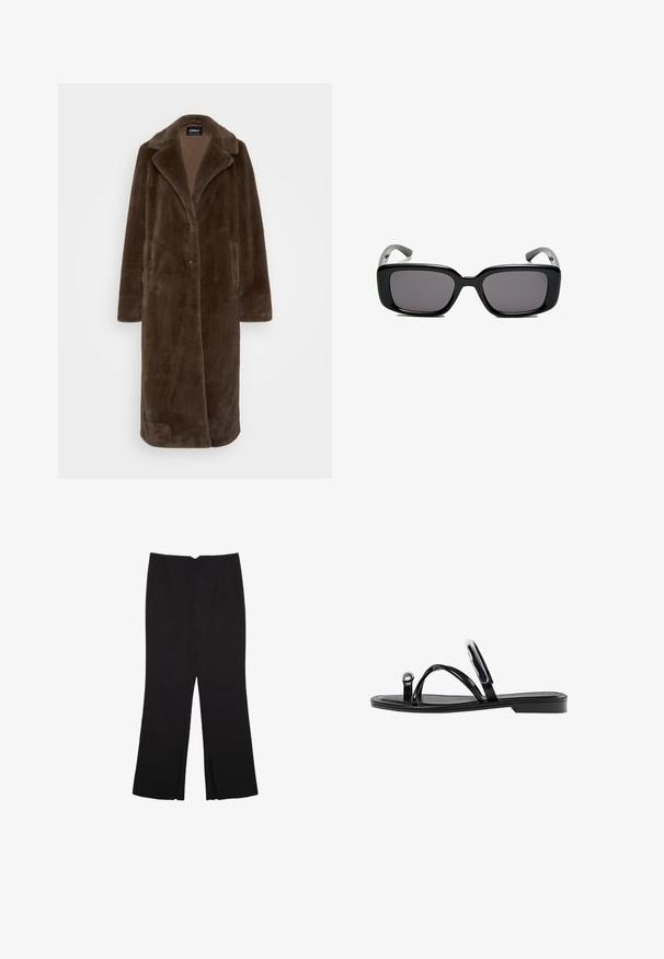 ONLY Tall ONLMEAGAN COAT - Klasický kabát - chocolate torte; Černé bavlněné tričko s volným střihem, krátkými rukávy, zaobleným výstřihem a hladkou texturou. Bez viditelných vzorů nebo akcentů.; Černé kalhoty s rovným střihem, s předními kapsami a bočními rozparky na lemu. Vyrobené z jemné, hladké tkaniny. Vhodné na různé příležitosti.; Černé ploché sandály s lesklým povrchem, třemi tenkými popruhy a kulatým kovovým detailem na špičce. Elegantní design s minimálním podpatkem.; Černé obdélníkové sluneční brýle s tmavými skly, hladkým plastovým rámem a zakřivenými stranicemi. Design je robustní s minimalistickou estetikou.