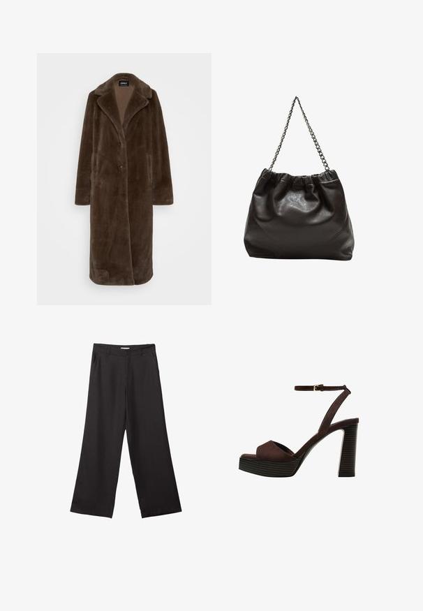 ONLY Tall ONLMEAGAN COAT - Klasický kabát - chocolate torte; Biela krátkopsová tričko vyrobené z bavlny. Má okrúhly výstrih a voľný strih. Hladká textúra bez viditeľných vzorov alebo akcentov.; Čierne široké nohavice vyrobené z hladkej tkaniny, so zipsom vpredu a dvoma bočnými vreckami, s prispôsobeným strihom a minimalistickým dizajnom.; Hnedé semišové sandále na vysokom podpätku s otvorenou špičkou, nastaviteľným členkovým remienkom a pruhovanou platformovou podrážkou.; Hnedá kožená taška so zberaným vrchom a reťazovým popruhom. Hladký povrch s lesklým finišom a jemným švom po stranách.