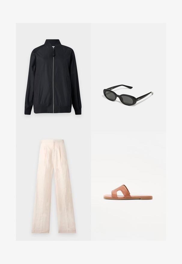 Casaco bombardeiro preto feito de material liso e leve. Apresenta um fecho frontal completo, gola canelada, punhos e bolsos laterais.; Top sem mangas branco com decote quadrado, textura suave e design ajustado. Feito de tecido leve.; Calças de perna larga bege feitas de linho com uma textura suave, apresentando pregas frontais e um design de faixa limpa e simples.; Sandália de slide em pele castanha com design de ponta aberta, alça larga com detalhe recortado, sola plana e textura suave.; Óculos de sol pretos com lentes ovais, armação de plástico brilhante e hastes finas. Apresenta o logo da Ray-Ban em branco na lateral.; Mala de ombro em pele sintética castanha com forma curva, costura minimalista e detalhe em metal dourado. Apresenta fecho de zíper no topo e alça ajustável.