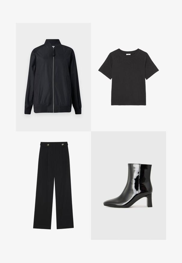 Svart bomberjacka i ett mjukt, lätt material. Har en hel framdragkedja, ribbad krage, manschetter och sidofickor.; Svart t-shirt av mjukt tyg med rundad halsringning och korta ärmar. Designen är enkel utan synliga mönster eller detaljer.; Svarta vida byxor med hög midja, knäppdetaljer i midjan och framfickor.; Svart lackläder ankelboot med spetsig tå och en medelhög klack. Slät textur och minimalistisk design.