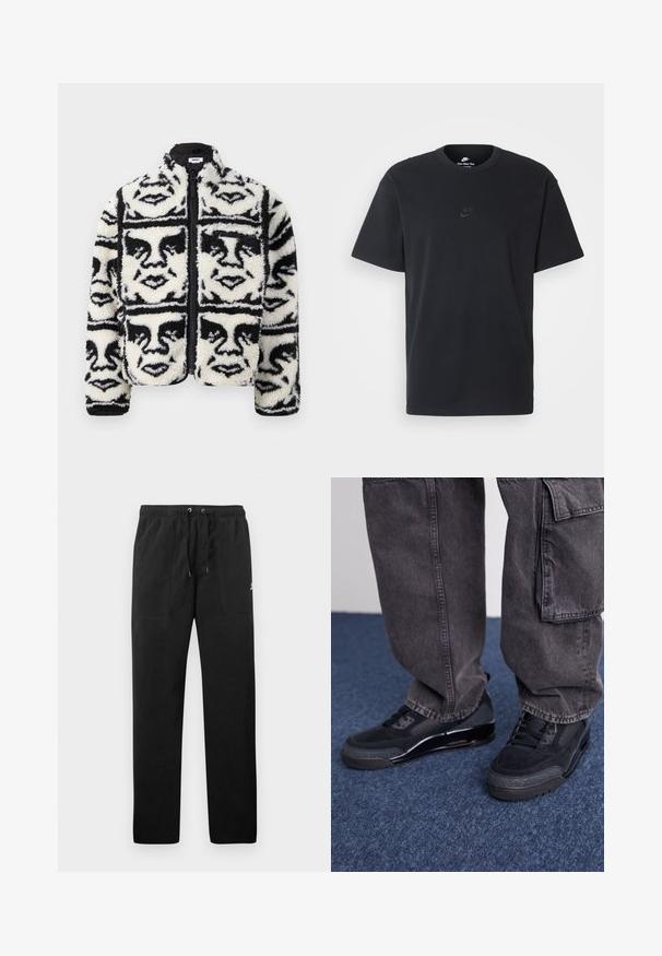 Chlupatá černobílá zipová bunda se opakujícím se grafickým vzorem obličejů. Vyrobena z měkkého, strukturovaného fleecu.; Černé bavlněné tričko Nike s klasickým kulatým výstřihem, krátkými rukávy a decentně vyraženým logem na hrudi. Hladký povrch.; Černé teplákové kalhoty vyrobené z fleecu, s elastickým pasem a šňůrkami, dvěma předními kapsami a malým logem na stehně.; Černé sportovní boty s texturovaným povrchem, hladkými akcenty a robustní podrážkou, spárované s tmavými, volně střiženými cargo kalhotami.