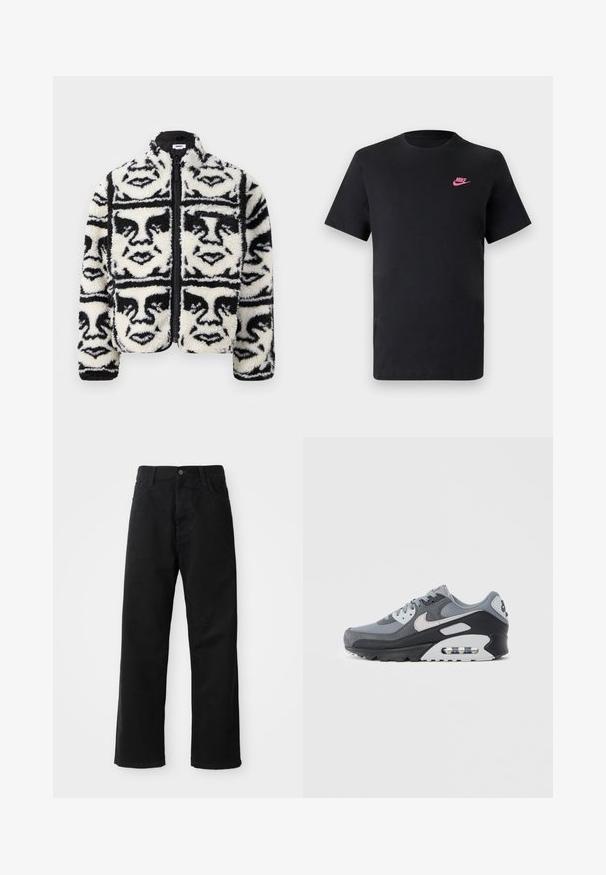 Pörröinen mustavalkoinen vetoketjulliinen takki, jossa on toistuva graafinen kuvio kasvoista. Valmistettu pehmeästä, teksturoidusta fleece-materiaalista.; Mustat puuvillapaita, jossa on pyöreä pääntie ja lyhyet hihat. Vasemmalla ylhäällä on vaaleanpunainen Nike-logo. Saumaton pinta.; Musta farkkushortsit suoran leikkauksen kanssa, joissa on etutaskut, vetoketjuläppä ja yksi yläpainike. Rakenteellinen kangas matta pinnalla.; Harmaa lenkkitossu, jossa yhdistelmä verkkokangasta ja mokkanahkaa, musta pohja ja näkyvä ilmayksikkö. Huomattavat vaaleanharmaat yksityiskohdat ja nauhat.