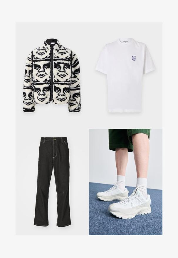 Soe must ja musta kapuutsiga jakile, millel on korduv graafika nägudest. Valmistatud pehmest, tekstuurses fliisimaterjalis.; Valge puuvillane t-särk lühikeste varrukatega, ümara kaelusega ja vasakul rinnal väike tikitud sinine "C" logo.; Mustadest denimist püksid, lahtise lõikega, kontrastsete valgete õmblustega, nööbiga kinnitamine ja sirge säär.; Valged sportsijalatsid tekstuursete pealsete, kopsaka tallaga ja hallide aktsentidega. Kanda valgete lühikeste sokkidega ja roheliste lühikeste pükstega sinisel pinnal.