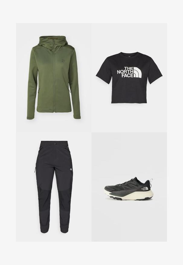 Didriksons ANNELI - Zip-up sweatshirt - wild forest green; Black cropped t-shirt made of cotton, featuring a white logo with curved accents and text "THE NORTH FACE" on the front. Short sleeves, crew neck.; Black outdoor pants made of durable fabric. Feature zippered pockets, reinforced knee panels, and a straight cut design for mobility.; Black athletic shoe with a textured upper, featuring gray accents and a white midsole. Includes a pull tab and prominent brand logo on the heel.