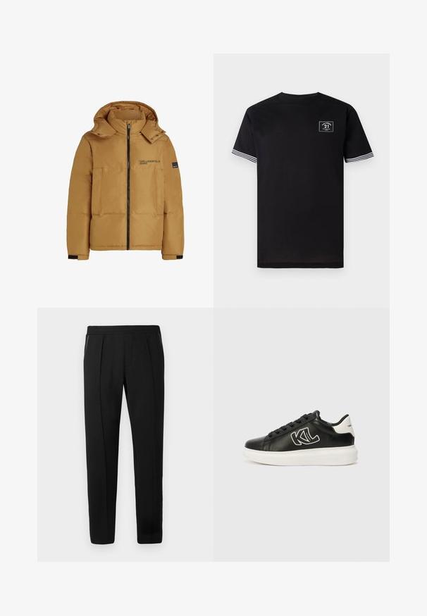 Brun polstret jakke med hette, frontglidelås, to store lommer og svart logoTrykk på venstre bryst. Har ribbet mansjetter og trykknapper.; Svart bomull T-skjorte med rund hals, korte ermer og hvite striper som detaljer. Har et kvadratisk logo-lapp på brystet.; Svarte joggebukser med elastisk midjebånd, smale ben og sidelommer. Materialet ser mykt ut med synlige sømdetaljer.; Sorte lærersneaker med hvit såle, med svart og hvit logo, flate snorer og en glatt tekstur. Klassisk lavt design.