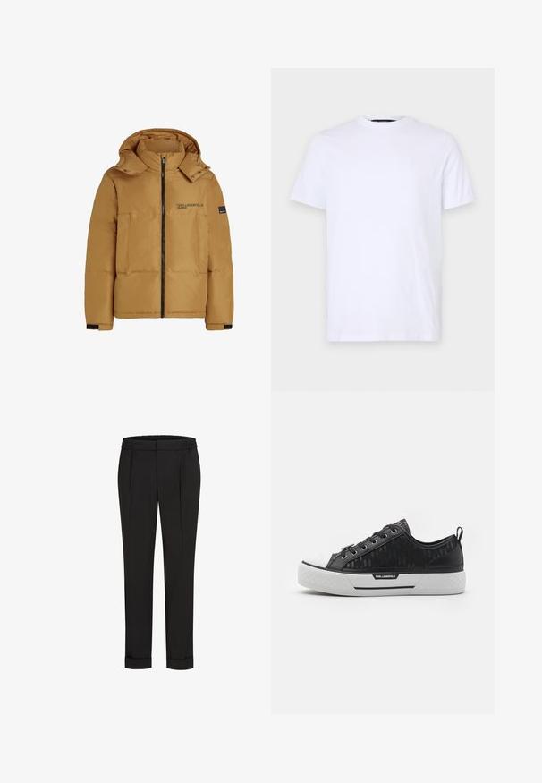 Smeđa kaput s podstavom i kapuljačom, prednji zip, dva velika džepa i crni logotip otisnut na lijevoj strani prsa. Ima rebraste manžete i dugmad na preklop.; Bijela pamučna majica s kratkim rukavima, okruglim izrezom, s diskretnim reljefnim logotipom na lijevoj strani prsnog dijela, glatke teksture.; Crne hlače s elastičnom trakom u struku, s ravnim krojem i zavrnutim rubovima. Napravljene od glatkog, tkanog materijala bez uzoraka.; Crni niskotopni tenisice s uzorkom na platnu, bijeli gumeni vrh prsta, teksturirana podloga i logo naglasak sa strane. Metalni očnjaci za vezice.