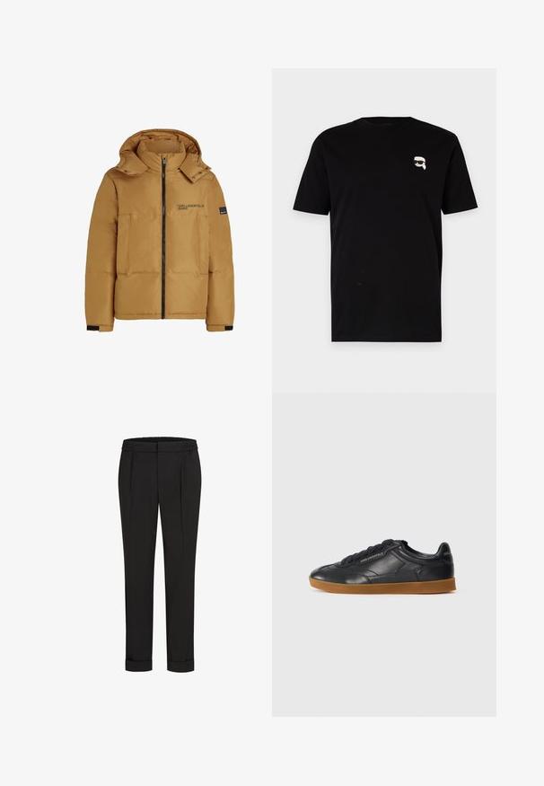 Hnědá zateplená bunda s kapucí, předním zipem, dvěma velkými kapsami a černým logem potisknutým na levé hrudi. Obsahuje pružné manžety a patentky.; Černé bavlněné tričko s krátkými rukávy, které na levém hrudníku má malou bílou grafiku postavy s brýlemi. Klasický design výstřihu do kulata.; Černé kalhoty s elastickým pasem, s rovnými nohavicemi a ohrnutými lemy. Vyrobené z hladké tkaniny bez vzorů.; Černé kožené tenisky s kulatou špičkou, šněrováním v přední části a kontrastní gumovou podrážkou. Na straně a vzadu je plastický branding.