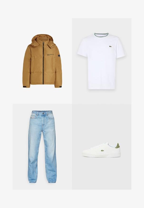 Pruun polsterdatud jakk, millel on kapuuts, eesneed, kaks suurt taskut ja must logo print vasakul rinnal. Omab soonikusse ja nupukinnitus.; Valge puuvillane lühikeste varrukatega T-särk, millel on ribitud krae ja rohelised ning mustad triibud; vasakul rinnal väike roheline tikandiga logo.; Heledad sinised teksad, mis on valmistatud denimist, sirge lõikega, viie taskuga disainiga ning nähtava nööbiga, millel on kontrastne õmblus.; Valged tossud siledast materjalist, millel on roheline aktsent kannaosas ja väike tikandiga krokodillilogo külgedel.