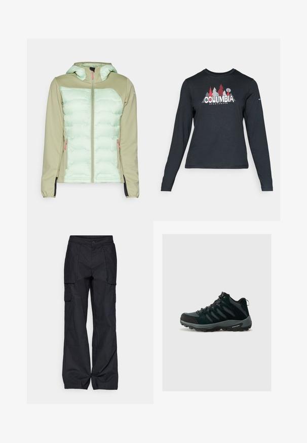 Hoodiejacka med en ljusgrön vadderad framdel och olivgröna ärmar, med en dragkedja framtill och rosa dragkedjesnoddar.; Långärmad mörkgrå tröja med grafik av röda träd och berg; "COLUMBIA"-logotyp i fet vit text. Mjukt tyg, standard rund hals.; Columbia BREA FALLS™ COTTON RIPSTOP PANT - Friluftsbyxor - black; Columbia REDMOND - Hikingskor - black/citron haze