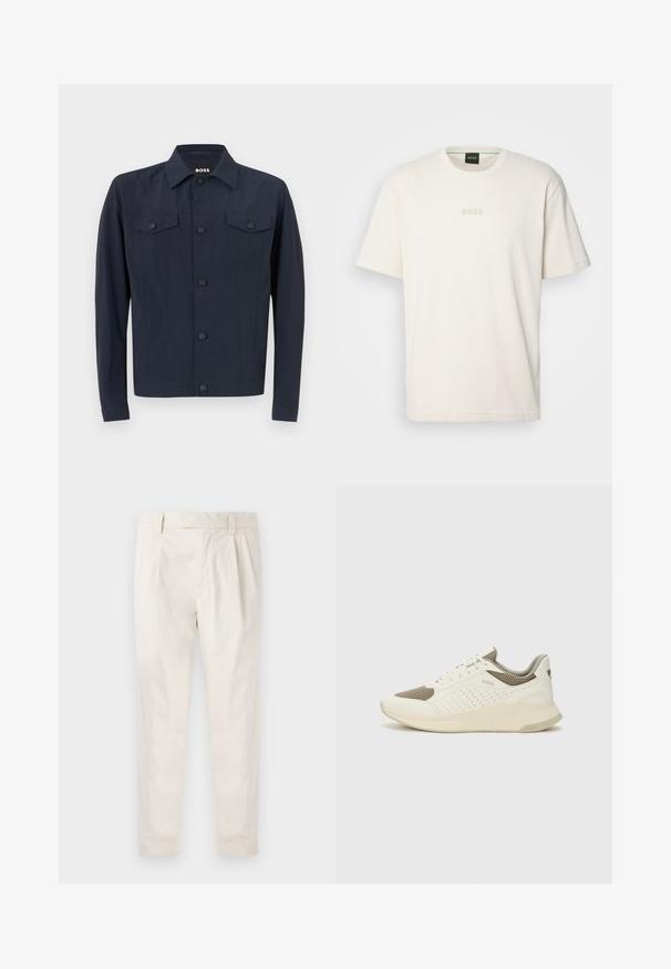 Navy jacket made of lightweight fabric, featuring a classic collar, button-up front, two chest pockets, and long sleeves.; BOSS TEE - Basic T-shirt - open white; White, pleated trousers with a tailored fit, featuring a smooth texture, belt loops, and tapered legs. No visible pockets or patterns.; White and light beige athletic sneaker, featuring a mesh upper, perforated detailing, and a textured midsole with branding on the heel.
