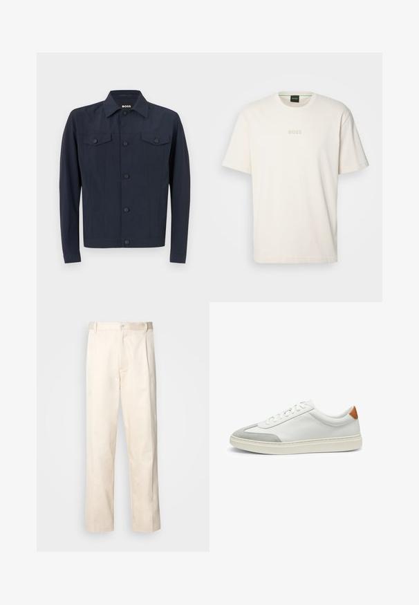 Navy jacket made of lightweight fabric, featuring a classic collar, button-up front, two chest pockets, and long sleeves.; BOSS TEE - Basic T-shirt - open white; Beige cotton trousers with a straight-leg cut, featuring a button closure and pleats at the front for added detail.; White leather sneakers with gray suede accents and a tan leather heel tab. Features a textured surface and lightweight sole.