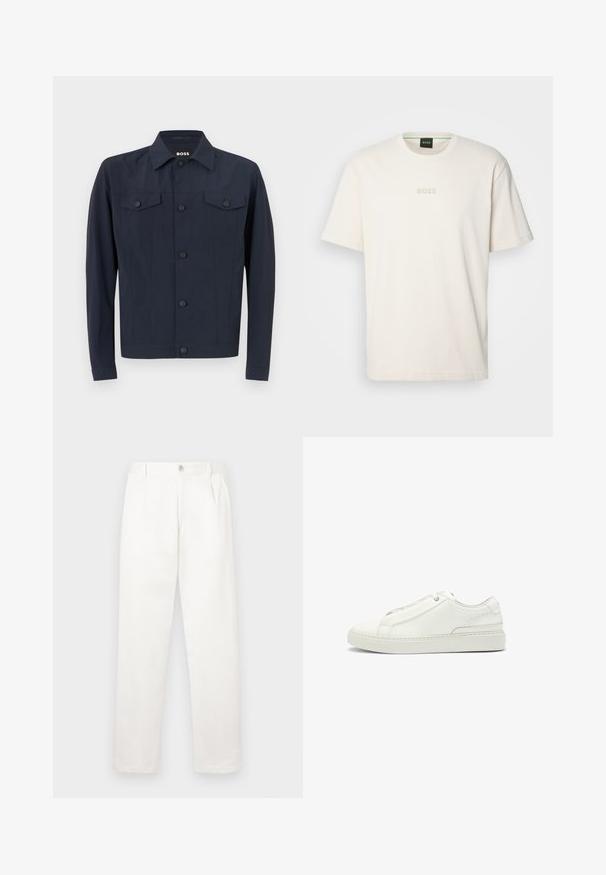 Navy jacket made of lightweight fabric, featuring a classic collar, button-up front, two chest pockets, and long sleeves.; BOSS TEE - Basic T-shirt - open white; White trousers made from smooth fabric, featuring a straight leg design, front pleats, and a single button closure at the waist.; White leather sneaker featuring a textured upper, a round toe, minimalistic design, and a rubber sole with stitched detailing.