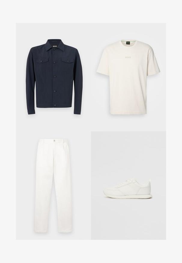 Kerge kangast mereväe jope, millel on klassikaline krae, nööbiga eesmine osa, kaks rinna taskut ja pikad varrukad.; BOSS TEE - Lihtne T-särk - open white; Valged püksid, mis on valmistatud siledast kangast, sirge jala disainiga, ees olevate voldidega ja ühekordse nupuga vöökohtadel.; Valged tennisesid, millel on võrgust ja sünteetilisest materjalist ülemine osa, ümar varvas, lamedad paelad ja tekstureeritud külgmine triip. Kummist tallaosa, tagaküljel tõmbetab.