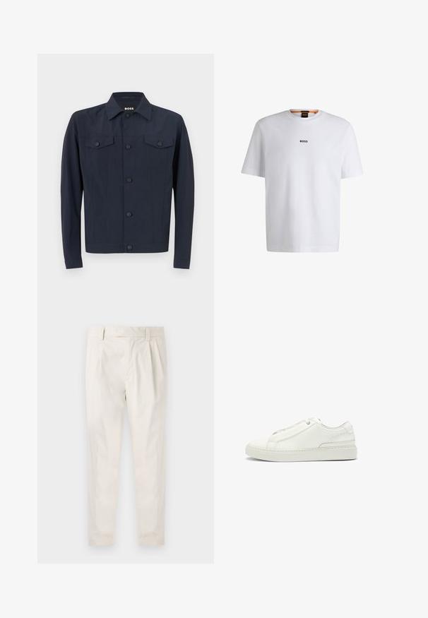 Navy jacket made of lightweight fabric, featuring a classic collar, button-up front, two chest pockets, and long sleeves.; White cotton T-shirt with short sleeves, featuring a black "BOSS" logo centered on the chest and a round neck design.; White, pleated trousers with a tailored fit, featuring a smooth texture, belt loops, and tapered legs. No visible pockets or patterns.; White leather sneaker featuring a textured upper, a round toe, minimalistic design, and a rubber sole with stitched detailing.