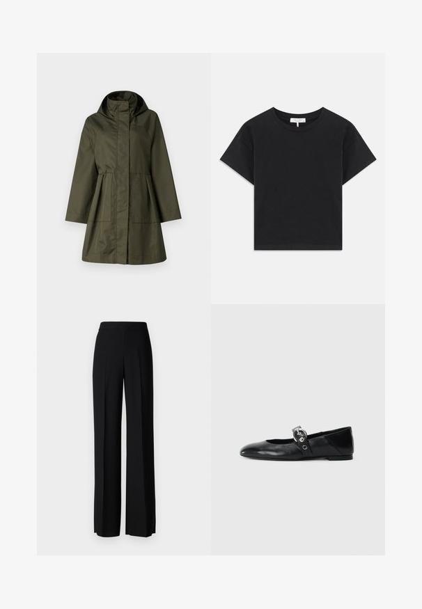 MAX&Co. TONACA - Parka - khaki; Juodas trumpas medvilninis marškinėliai su apvaliu iškirpimu, trumpomis rankovėmis ir paprastu dizainu be raštų ar puošmenų.; Juodi platūs kelnių kelnės su lygiu paviršiumi, turinčios aukštą liemenį ir centrinės raukšlės. Nėra matomų raštų ar metalinių detalių.; Juodų odinių baletinių batelių su smailiu nosiu, su užrišamu dirželiu su apvalia metaline sagtimi ir plokščiu padu.