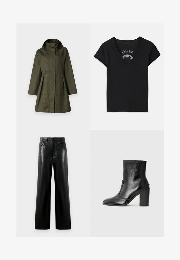 MAX&Co. TONACA - Parka - khaki; Juodas trumpas rankovėmis marškinėliai su giliu V formos iškirpimu, turintys tinklinę detalę ir spausdintą dizainą ant vidinio sluoksnio. Minkšta, kvėpuojanti medžiaga.; Juodos odinės plačios kelnės su lygia apdaila, su mygtuku ir užtrauktuku, priekinėmis kišenėmis ir kontrastingais siuvinėjimo akcentais.; Juodas odinis kulkšninis batas su lygiu paviršiumi, smailiu pirštu ir masyviu aukštu kulnu. Savybė - šoninis atidarymas ir minimalistiškas dizainas.