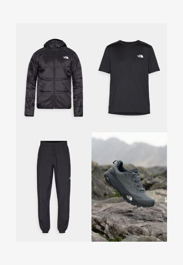 Casaco puffer preto com capuz, design acolchoado, encerramento com fecho zip e o logótipo da North Face no lado esquerdo do peito. Feito de material leve e brilhante.; T-shirt preto de manga curta feito de um tecido leve. Apresenta um pequeno logo branco ao lado esquerdo do peito e detalhes subtis nos ombros.; Calças atléticas pretas feitas de tecido leve, com um cós ajustável por cordão, bolsos laterais e punhos afunilados nos tornozelos.; Sapatilha de corrida em trilhos cinza com um cabedal texturizado, sola de borracha durável e ponteira reforçada. Apresenta atacadores e o logótipo da marca de lado.