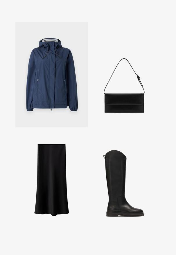 Marineblå vandtæt jakke med hætte, elastiske manchetter og to sidelommer med lynlås. Har justerbare snore i hætten og nederste kant.; Hvid kortærmet T-shirt lavet af glat bomuldsstof, med rund halsudskæring og en afslappet pasform med syede kanter.; Sort midi-nederdel lavet af glat, letvægtsstof. Den har en lige skæring, ingen synlig hardware og et enkelt design uden mønstre.; Sort læderknæstøvle med en glat finish, afrundet top, robust sål og minimalistisk design. Har en flap bagpå for nem påtagning.; Mango Håndtasker - black