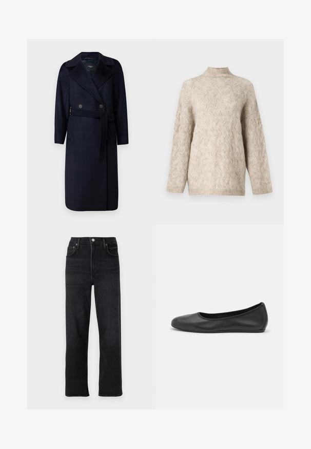 WEEKEND MaxMara RESINA - Abrigo clásico - blu; Suéter de punto beige con cuello alto, que presenta un patrón de trenza texturizado y mangas de corte holgado. Hecho de un hilo suave y esponjoso.; Jeans negros de pierna recta hechos de denim. Presenta cinco bolsillos, un cierre con botón y cremallera, y detalles de costura sutiles.; Bailarina de piel negra con punta redondeada, textura suave, detalle de costura minimalista y diseño de suela flexible.