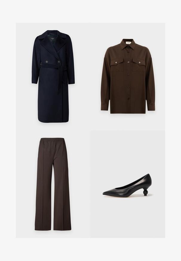 Weekend Max Mara RESINA - Mantel - blu; Donkerbruin langarm overhemd met knopen, voorzien van twee zakken met klep op de borst en een klassieke kraag, weergegeven tegen een effen witte achtergrond.; Wijdvallende broek in donkerbruin stof met een elastische tailleband, voorzien van een gladde textuur en scherpe lijnen voor een verzorgd uiterlijk.; Zwarte leren hoge hak schoen met een spitse neus en een ronde, bolle hak. Gladde textuur met een elegant, minimalistisch ontwerp.