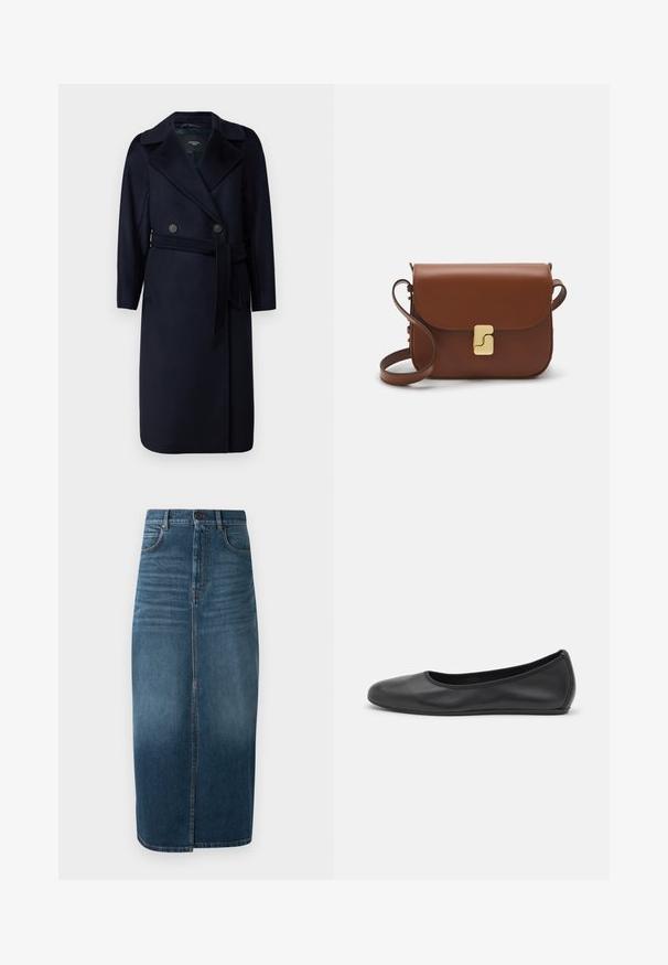 WEEKEND MaxMara RESINA - Klasisks mētelis - blu; Balta īsām piedurknēm T-krekls, izgatavots no ribota auduma. Apaļš izgriezums, regulāra piegriezuma un diskrēti šuvumu detaļas. Bez printiem vai grafikām.; Tumši indigo džinsu midi svārki ar priekšējo šķēlumu un vieglu izbalējumu. Klasicks piecu kabatu dizains ar metāla pogas aizdari.; Melna ādas baleta kurpe ar noapaļotu purngalu, gludu tekstūru, minimālu šuvju detalizāciju un elastīgu zoles dizainu.; Bordo ādas rokas soma ar atloku, zeltītām detaļām, plecu siksnu un gludu virsmu. Kompakta, taisnstūrveida forma.