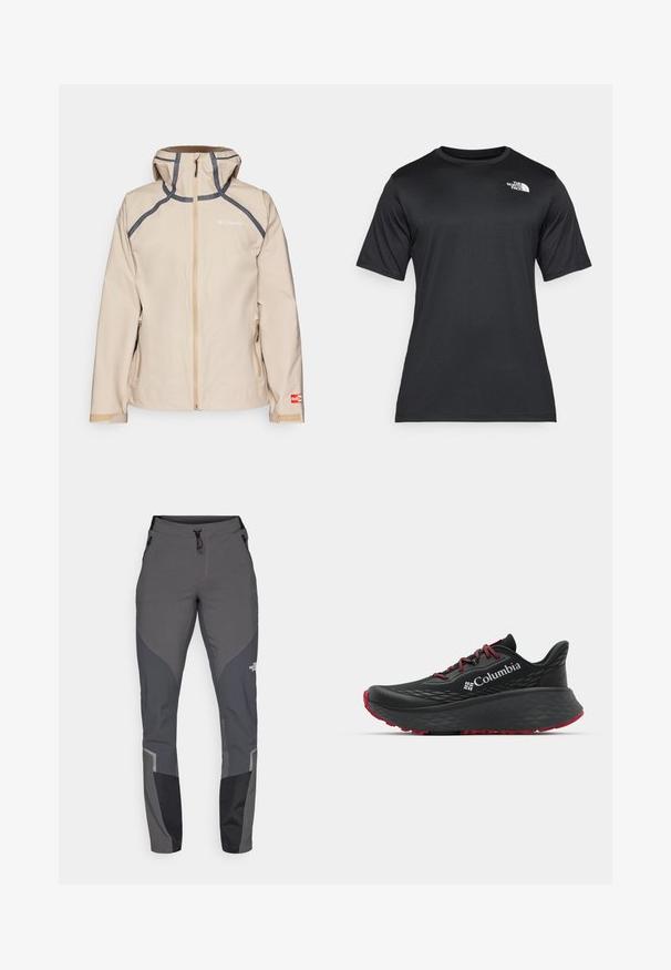 Béžová nepromokavá bunda se zipem, šedými detaily, nastavitelnou kapucí a bočními kapsami. Obsahuje logo na hrudi a rukávu.; Černé tričko s krátkým rukávem vyrobené z lehkého, vlhkost-odvádějícího materiálu. Obsahuje bílé logo na levé hrudi a kulatý výstřih.; Šedé turistické kalhoty s užším střihem, mnoha kapsami a kontrastními tmavě šedými a černými akcenty. Vyrobené z flexibilního a odolného materiálu.; Černá sportovní bota s texturovaným svrškem, červenými tkaničkami a logem. Silná podrážka s vzorovaným dezénem pro lepší trakci. Minimalistický design, boční pohled.