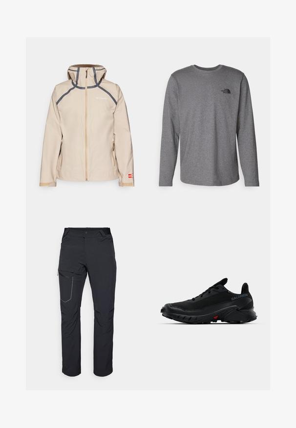 Beige waterproof jacket with a zip closure, gray accents, adjustable hood, and side pockets. Features logo on chest and sleeve.; The North Face M L/S SIMPLE DOME TEE - Long sleeved top - medium grey heather; Black outdoor pants featuring a zippered thigh pocket, elastic waistband, and smooth, water-resistant fabric. Clean design with no visible logos.; Black athletic shoes with a textured upper, rounded toe, and prominent rubber outsole. Features a logo on the side and red detailing on the sole.