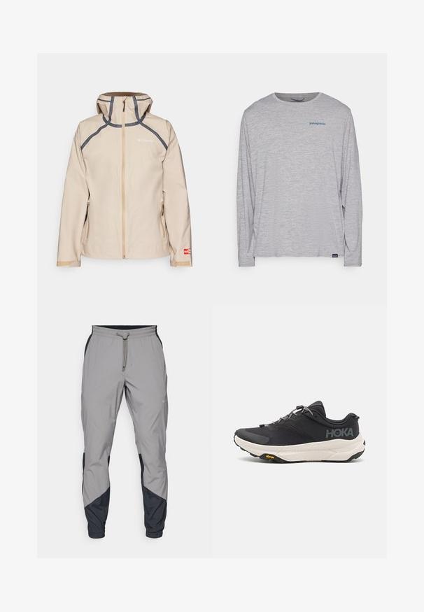Bēša ūdensnecaurlaidīga jaka ar rāvējslēdzēju, pelēkiem akcentiem, regulējamu kapuci un sānu kabatām. Uz krūtīm un piedurknes ir izšūts logo.; Gaiši pelēks garām piedurknēm t-krekls, izgatavots no mīksta, teksturēta auduma. Ar apaļu izgriezumu un nelielu zilu Patagonia logotipu uz krūtīm.; Viegls, pelēks sporta bikses ar melniem akcentiem. Elastīga josta, ar auklu aizdare, sašaurināts kāju dizains un sānu kabatas.; Melna sporta kurpe ar teksturētu virsu, pelēkiem akcentiem, atstarojošiem elementiem un biezu baltu zoli, kas rotāta ar Vibram zīmolu.