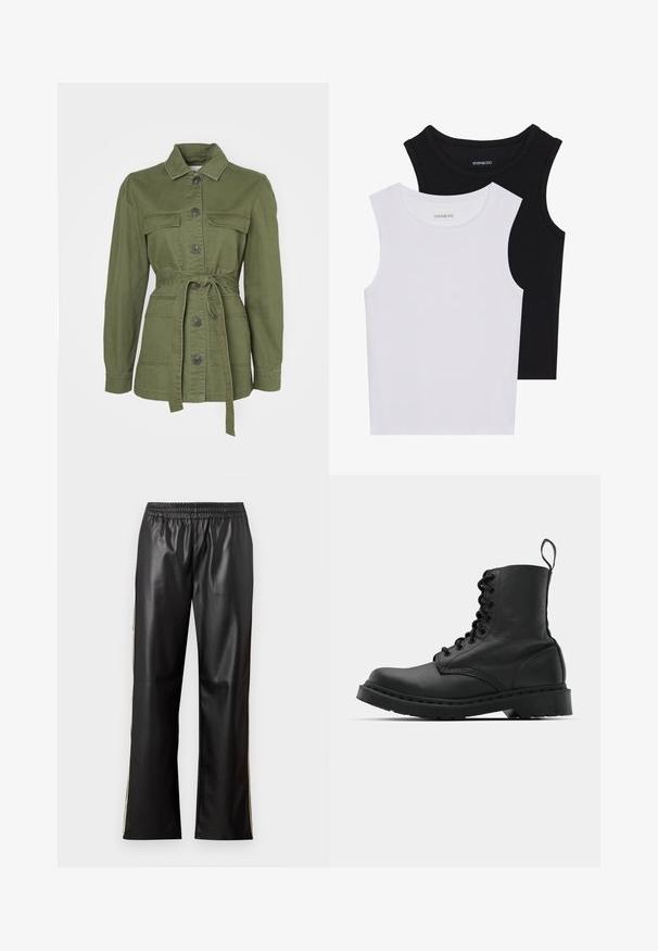 Giacca verde oliva in denim di cotone con cintura. Presenta un colletto, chiusura a bottoni, due tasche anteriori e maniche lunghe con polsini.; Due magliette senza maniche, in bianco e nero, realizzate in cotone a coste, con colli rotondi e un design aderente. Etichette visibili su entrambe.; Pantaloni neri in ecopelle con vita elasticizzata, design a gamba dritta e strisce laterali a contrasto. Texture liscia e stile minimalista.; Stivale da combattimento in pelle nera con punta tonda, chiusura con lacci e linguetta alla caviglia. Presenta una suola in gomma spessa per durabilità.