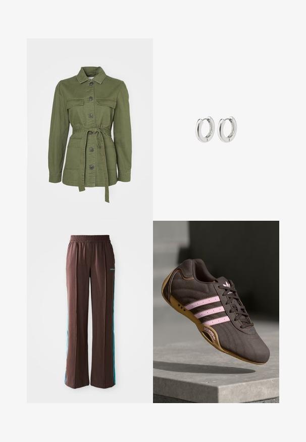 Alyvmedžio spalvos, dirželis turintis džinsinis švarkas, pagamintas iš medvilnės. Yra apykaklė, sagų užsegimas, dvi priekinės kišenės ir ilgomis rankovėmis su įvarais.; Trijų trumpomis rankovėmis marškinėlių rinkinys juodos, pilkos ir baltos spalvos. Pagaminti iš medvilnės, turi apvalų iškirpimą ir paprastą, vientisos spalvos dizainą.; Rudos sportiniai kelniukai su raukšlėtu paviršiumi, elastinga juosta ir turkio spalvos šoninėmis juostelėmis. Priekyje yra adidas logotipas.; Rudos suedinės sportinės bateliai su rožinėmis juostelėmis ir logotipu, turintys tekstūruotą viršutinę dalį, raištelių uždarymą ir guminį padą.; Sidabriniai auskarai su poliruotu paviršiumi, turintys apvalią dizaino formą ir be siūlių vyriukus, rodantys lygų paviršių.