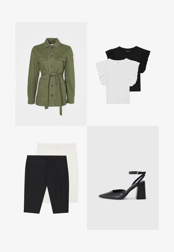 Olivno zelena, pasovana jakna iz bombažnega denima. Ima ovratnik, gumbasto zapiranje, dva sprednja žepa in dolge rokave z manšetami.; Dve kratke majice s kratkimi rokavi: ena črna z nabranimi rokavi, ena bela z nabranimi rokavi. Obe sta narejeni iz lahkega bombažnega materiala.; Dve pare prilegajočih legginsov: eni v rebrasti črni tkanini, drugi v gladki beli. Obe imata elastični pas in brezšivno zasnovo.; Črne usnjene klasične čevlje z ostrim nosom, z zaponko za gleženj in debelim peto. Ravna tekstura, eleganten dizajn in minimalistična estetika.