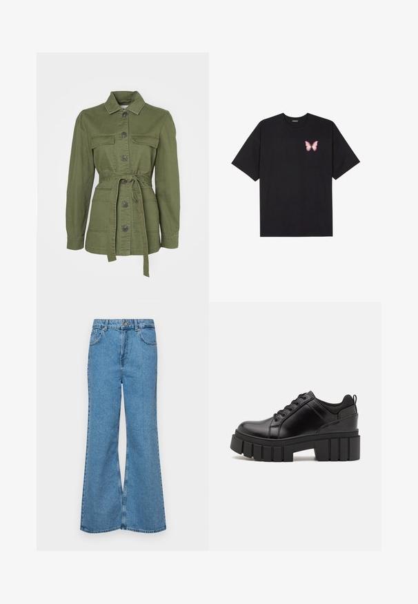 Casaco verde-oliva com cinto, feito de denim de algodão. Apresenta um colar, fecho de botão, duas bolsos frontais e mangas longas com punhos.; T-shirt de algodão preto com mangas curtas, apresentando um pequeno gráfico de borboleta rosa no lado esquerdo do peito. Design de gola redonda com um corte solto.; Jeans de brim azuis claros, com corte à boca de sino, apresentando uma cintura alta, cinco bolsos e um fecho de botão único. Textura macia com acabamento desbotado.; Sapatos de plataforma em couro preto com um salto bloco robusto, bico redondo e design clássico de atacadores. Apresentam uma textura suave e detalhes mínimos.