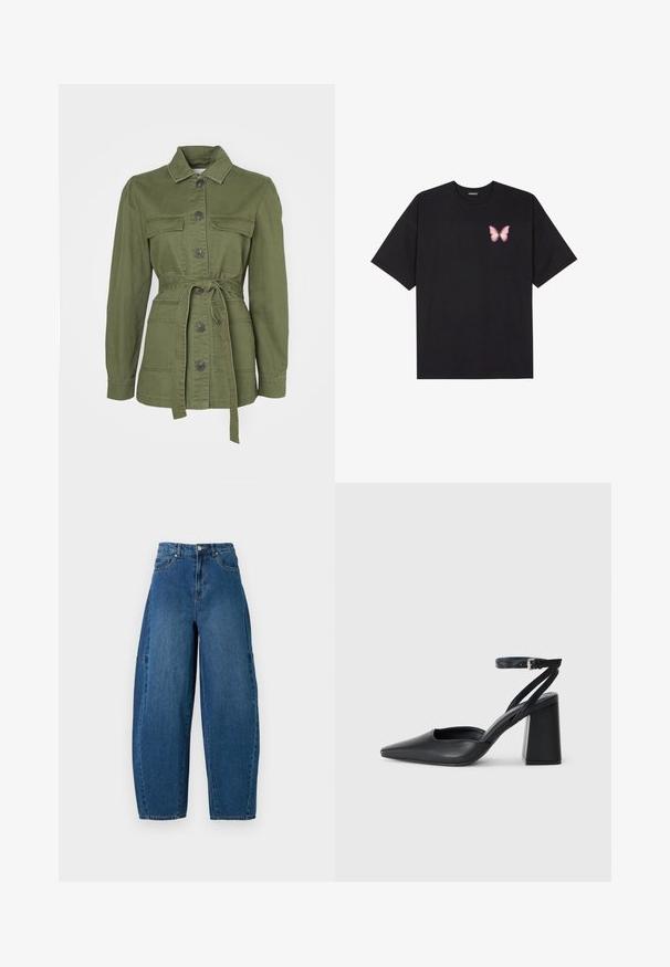 Kampalane rohelise värvi, vöödiga jope, mis on valmistatud puuvillast denimist. Omab kraed, nööbist sulgemist, kahte eesmist taskut ja pikki varrukasid mansettidega.; Must muströöpidega must puuvillane T-särk, vasakul rinnal on väike roosa liblikas. Ümar kaelus ja vabalt istuv lõige.; Keskmise sinise tooniga teksad, millel on kõrge talje, lai jalaliik ja standardne viie taskuga disain koos nähtavate õmbluste detailidega.; Mustmustest must-käigukingad, millel on konksuga nöör ja paks konts. Ühtlane tekstuur, stiilne disain ja minimalistlik esteetika.